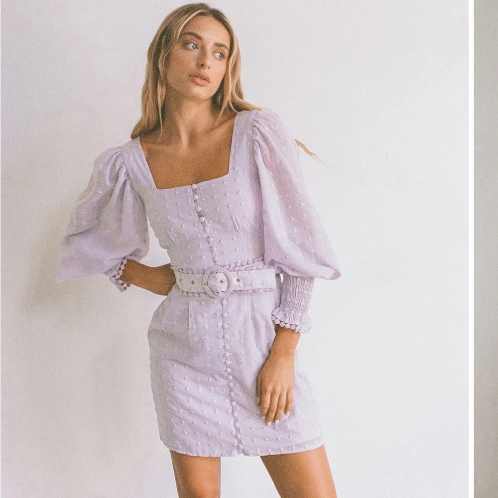 Sabo Skirt Lilac Puff-Sleeve Square-Neck Mini Dress with Belt